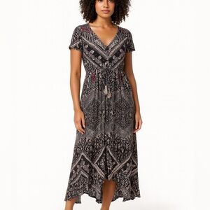 Knox Rose Floral Boho Midi Dress Smocked Crinkle Rayon Whimsigoth Black Size L